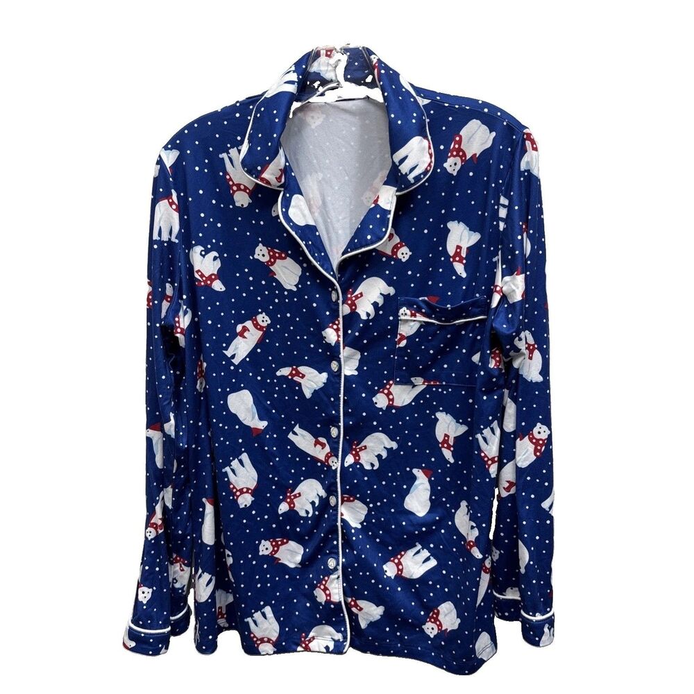 Ekouaer Pajama Top Women M Christmas Polar Bears Blue Pjs Sleep Shirt Buttons
